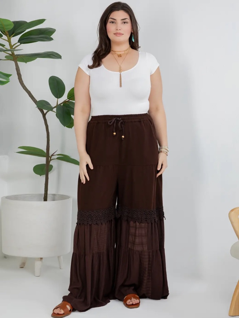 YOUNG THREADS Truffle Brown Wide Leg Tiered Pants